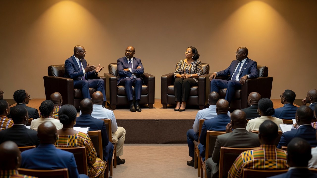 Panel discussion at an African policy forum with speakers seated before an audience of delegates