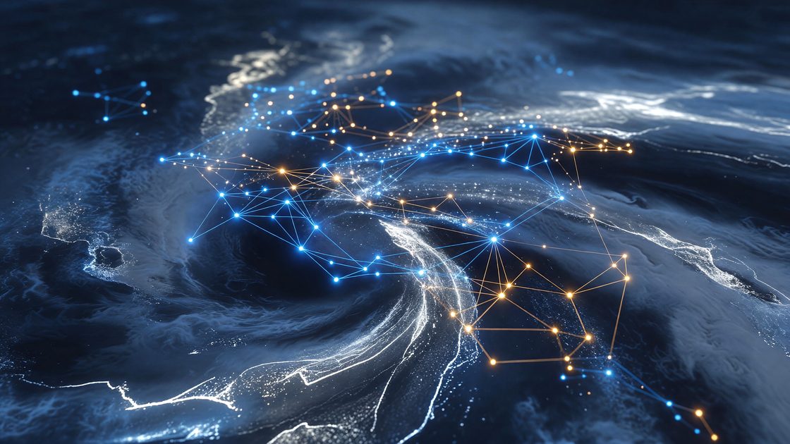 Abstract data-network visualization overlaid with storm-pattern imagery, representing climate-resilient digital infrastructure