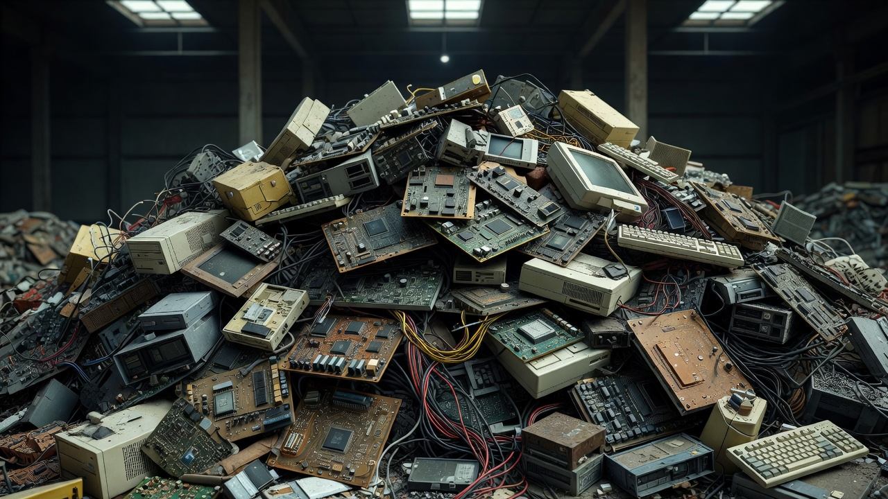 Abstract visualization of discarded electronic components and circuit patterns in muted tones