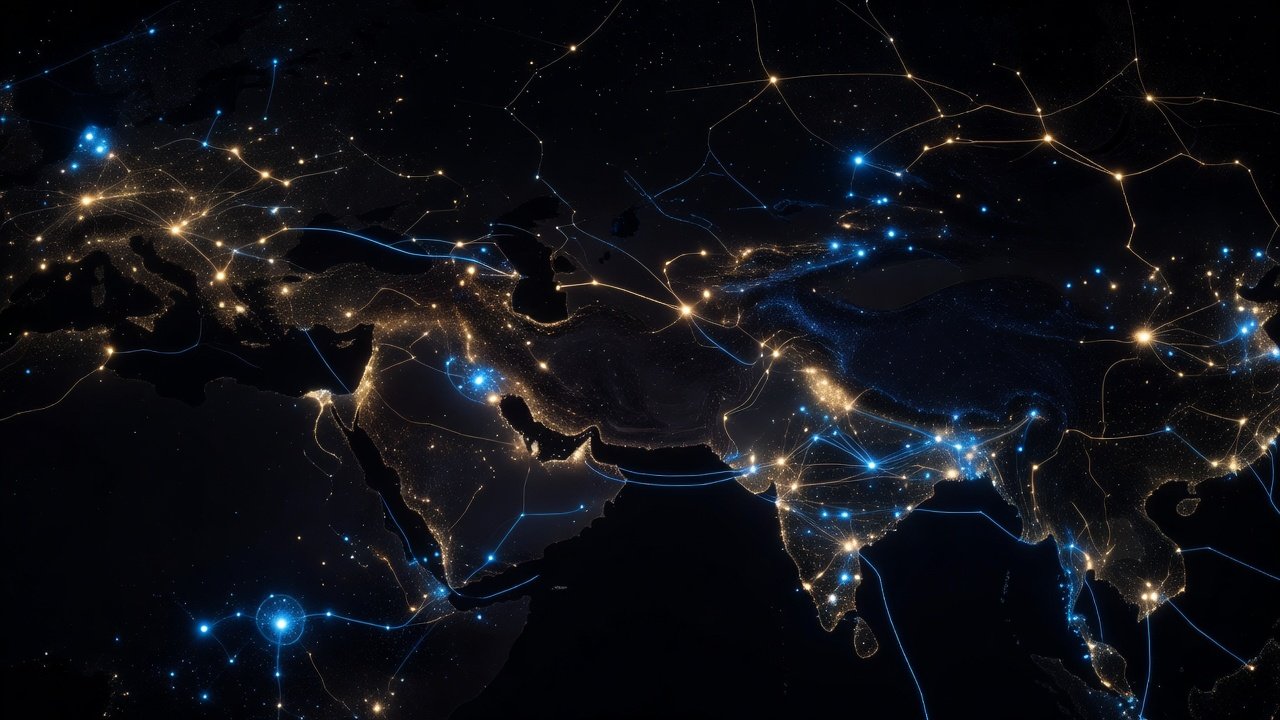 Abstract data visualization with interconnected nodes representing humanitarian technology networks