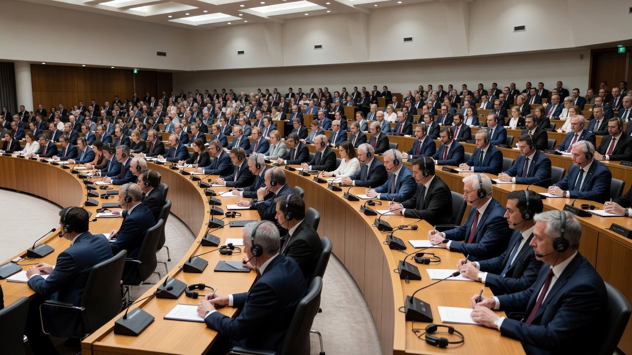 Delegates seated at a multilateral conference session with national name plates and interpretation headsets