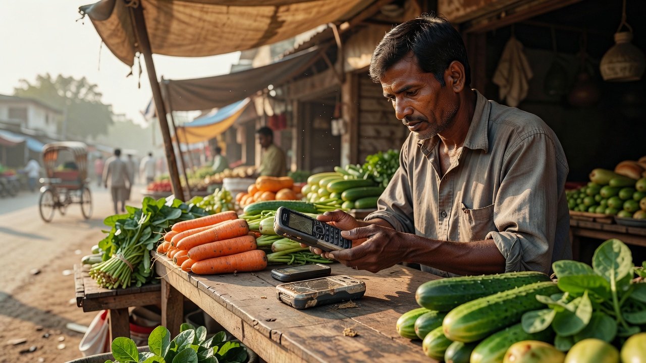 Market vendor completing a mobile payment on a basic handset at a roadside stall