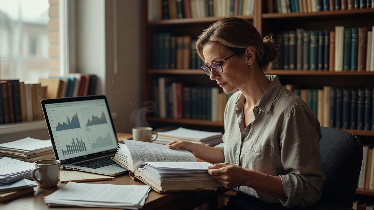 Researcher reading a printed policy report at a desk with a laptop showing data charts alongside